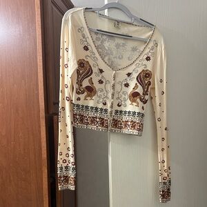 NWOT Lucky Brand Ethnic Cream Cropped Cardigan Top women’s Large